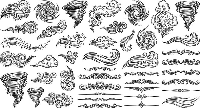 Hand drawn wind weather elements tornado hurricane swirls storm clouds text dividers vintage flourishes sketch vector doodle set