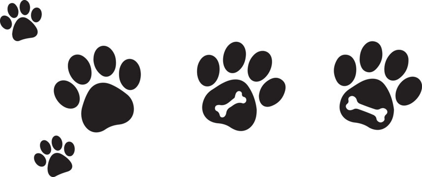 Black paw prints with bones on white background for animal or pet design