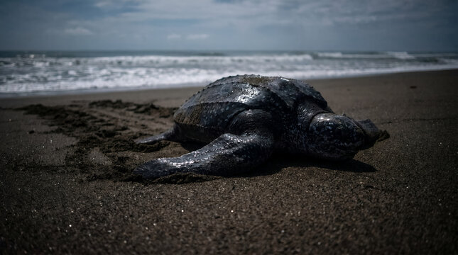 Leatherback Turtle Nesting Under Moonlight on Dark Beach
