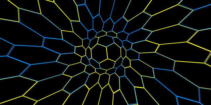 Abstract geometric background with a 3d tunnel effect made of hexagonal shapes in yellow and blue neon lines