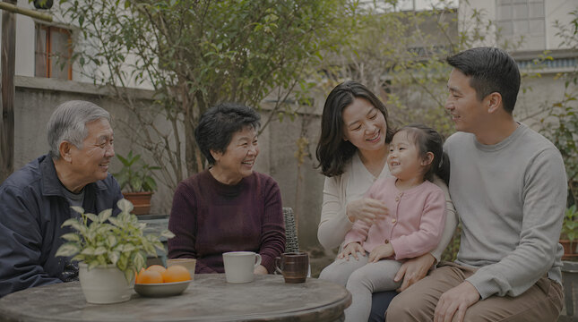 A heartwarming intergenerational family gathering unfolds in a cozy garden setting, featuring grandparents, parents, and a young child sharing laughter and conversation around a wooden table.