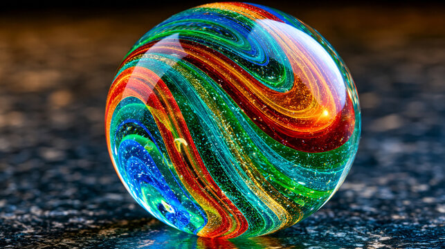 Solid glass marble interior swirl pattern magnified under backlit illumination, silicate ribbons suspended in molten-formed sphere, inclusions and bubble trails frozen in borosilicate glass body, ha
