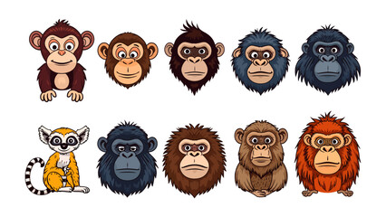 Collection of Cartoon Monkey Faces: A delightful assortment of cartoon monkey faces, ranging from chimpanzees and gorillas to orangutans and a lemur, presented in a vibrant and playful illustration. © Murshida