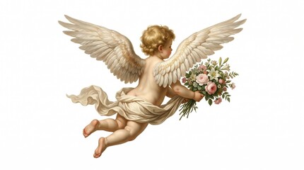 Obraz premium Flying child angel with large wings holding bouquet of flower. Cherub carrying roses for Valentine day greeting card. Traditional religious art style illustration of cute baby cupid.