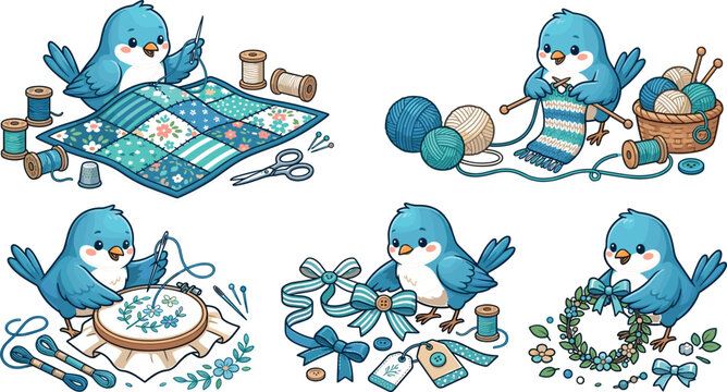 Cute Blue Bird Crafting Vector Set Featuring Sewing Quilting Knitting Embroidery and DIY Craft Activities for Creative Hobby and Handmade Design Concepts