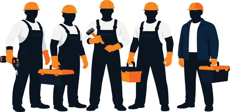 Construction, worker, team, vector, illustration, builder, crew, group, handyman, contractor, professional, helmet, tool, box, flat, design, isolated, character, elements, background,