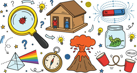 Elementary school science experiment doodle vector set featuring glass prism spectrum weather house volcano magnet caterpillar compass tin can telephone and magnifier © MdMahfizur