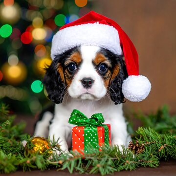 A cute puppy wearing a Santa hat lies with a wrapped gift