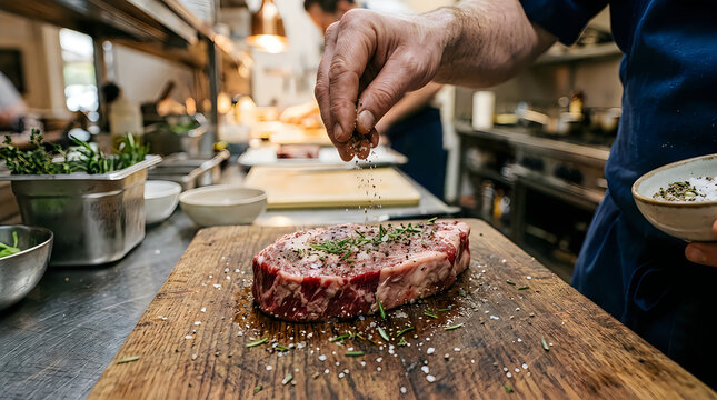Chef seasoning beef steak on cutting board