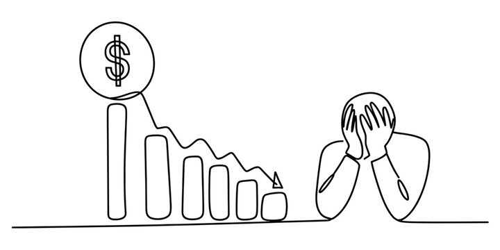Sad business person crying next to a falling financial bar chart with a dollar sign in a continuous one line drawing style