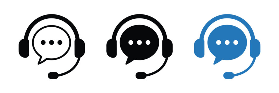 Customer support icon set in three styles editable stroke headset chat bubble customer service help operator call center illustration design