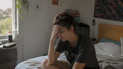 Fototapeta premium A young woman sits on her bed with her hand on her forehead, appearing distressed or lost in thought. The natural light from the window illuminates the scene, creating a somber mood.
