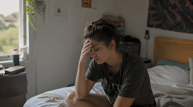 A young woman sits on her bed with her hand on her forehead, appearing distressed or lost in thought. The natural light from the window illuminates the scene, creating a somber mood.