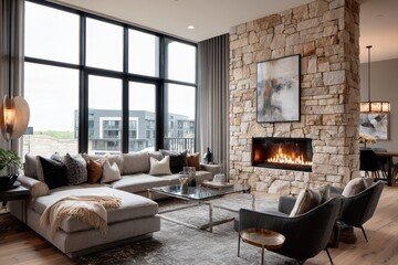 Fototapeta premium Contemporary upscale living area with a stone fireplace and a wall of windows revealing an outdoorsy view
