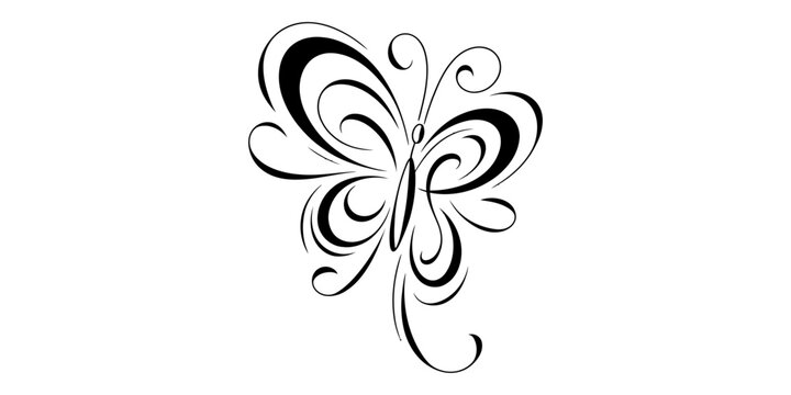 Elegant black butterfly silhouette illustration with smooth artistic swirl lines and decorative tribal pattern style