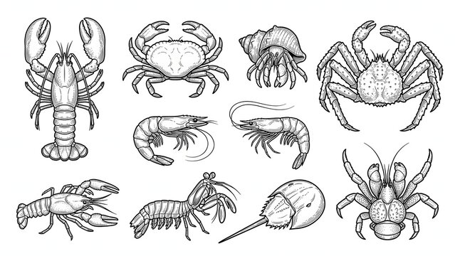 Crustaceans and Shellfish Collection Hand Drawn Vector Illustration Set Isolated on White Background