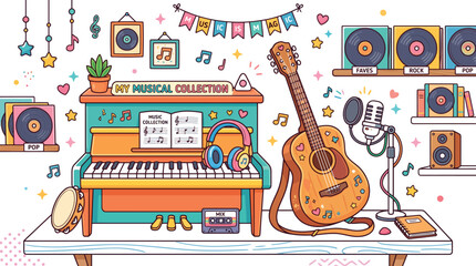 Colorful music room with instruments and vinyls © Sirajunnahar