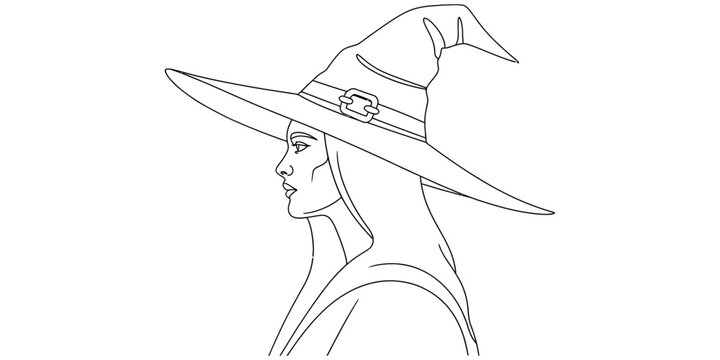 Black and white line art drawing of a beautiful young woman wearing a large pointed witch hat for halloween celebration