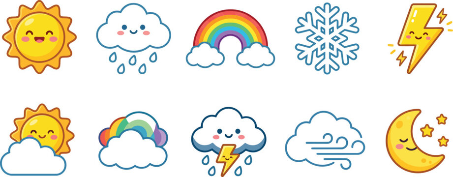 Colorful weather icons set with happy faces