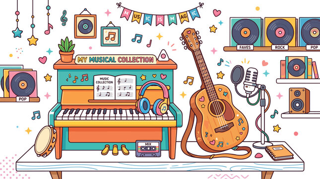 Colorful music room with instruments and vinyls