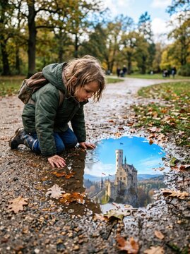 Child gazes at a fairytale castle reflection