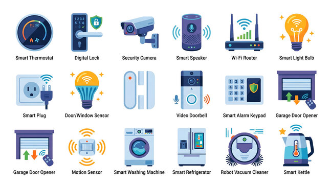 A collection of smart home devices on a white background