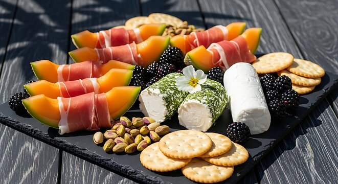 vibrant, fruit-paired charcuterie board layout on a dark reclaimed barn-wood table, Prosciutto-wrapped melon and Fresh Goat Cheese logs, Sweet cantaloupe wedges wrapped in salty prosciutto, ch�vre goa