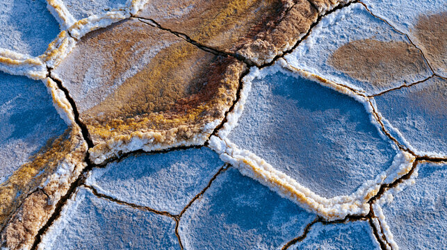 Aerial geometric patterns across a dry salt lake playa, desiccation polygon networks forming perfect tesselated crust, halite crystal efflorescence along polygon edges, Landsat-style overhead docume