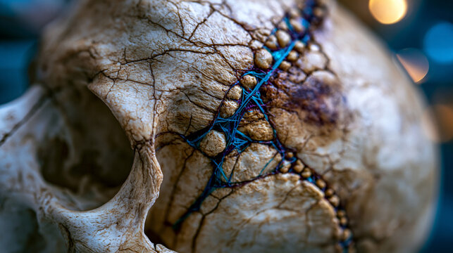 Anatomical dry skull specimen lateral suture detail under museum display case illumination, cranial bone fusion line topology and temporal squamous suture interlocking topology forming precise fossi