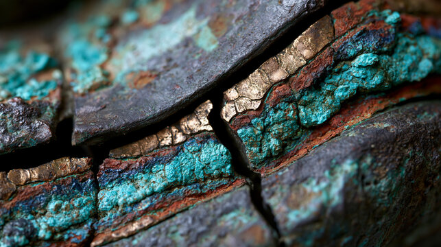 Ancient bronze sculpture surface aged patina macro, cuprite malachite azurite mineral crust layering over cast metal substrate, lost wax casting artifact archaeological museum piece oxidation chemis