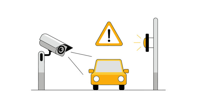 Smart Traffic Monitoring and Vehicle Surveillance Concept with CCTV Camera, Warning Icon, and Alarm Signal - Flat Vector Illustration