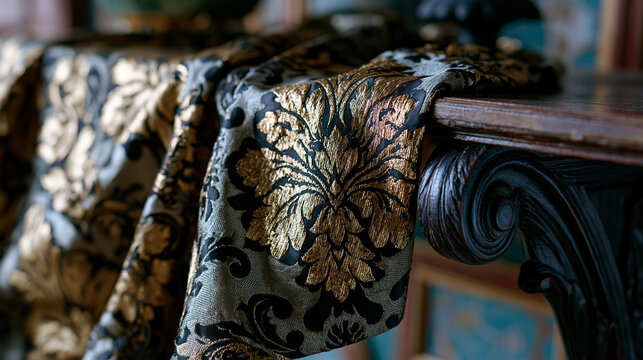 Antique silk damask textile draped over carved ebonized wood bracket, metallic gold thread supplementary weft catching oblique light against matte plain weave ground, Jacquard loom woven luxury inte