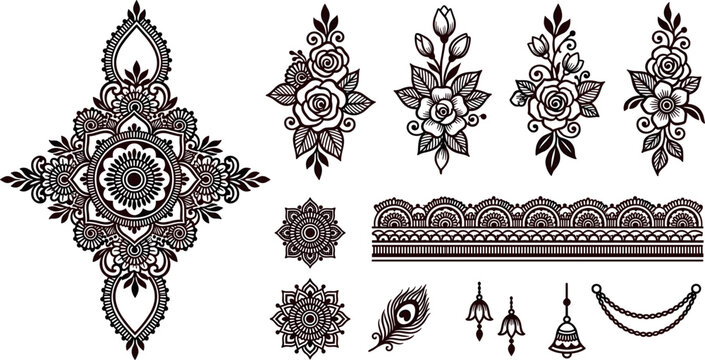 Traditional Mehndi Henna Design Elements Vector Set Featuring Ethnic Mandala Motifs Floral Rose Sprigs Lace Borders and Peacock Feather for Tattoo Body Art