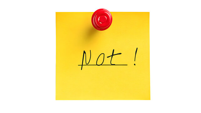 Yellow sticky note with red push pin isolated on white background, reminder message for office and personal use