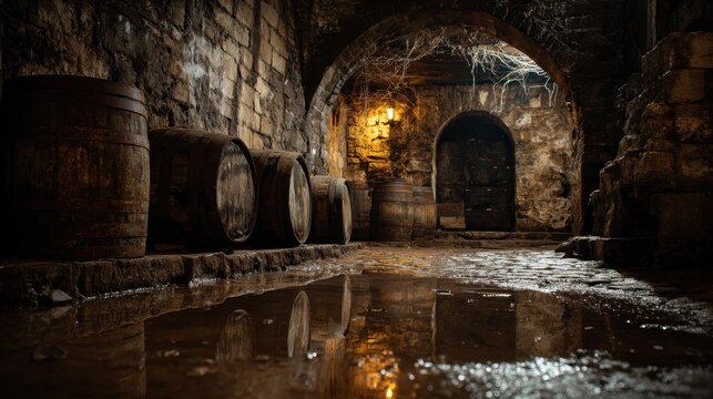Dark underground castle cellar with damp stone walls and flickering torchlight