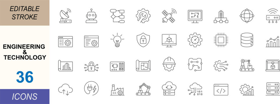 Engineering and technology line icons featuring automation, robotics, software and innovation concepts. Clean vector set for apps, web and industry. Editable stroke.