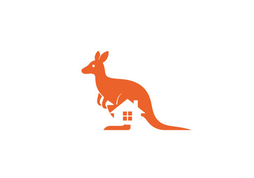 Orange kangaroo logo with house icon negative space design