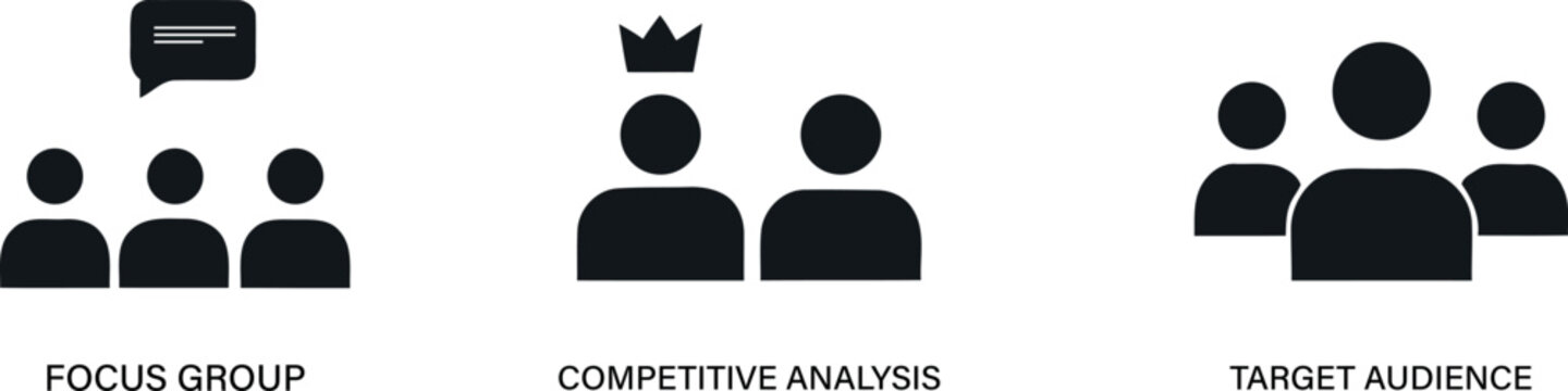 Business strategy icons focus group competitive analysis and target audience concepts