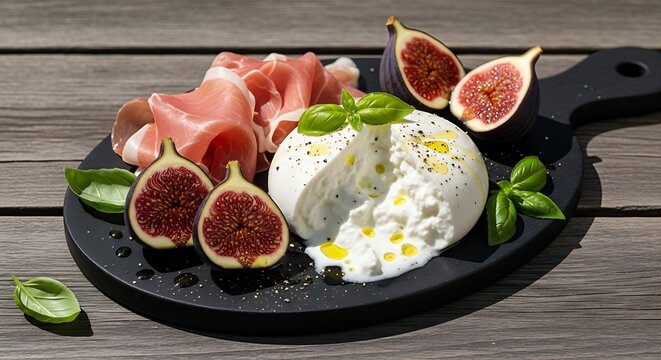classic Italian antipasto board on a dark weathered oak table under bright, direct sun, Prosciutto di Parma and Creamy Burrata, Tear of fresh burrata cheese showing stracciatella texture, delicate fol