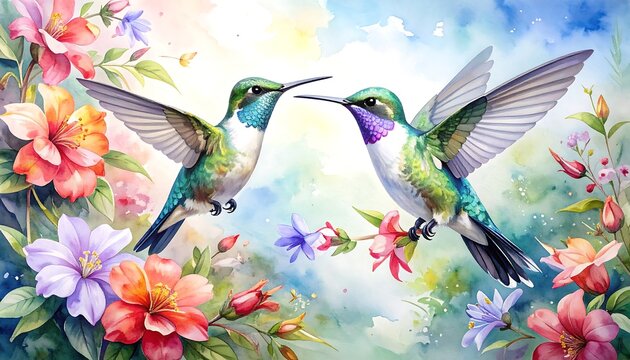 Vibrant hummingbirds amid colorful flowers