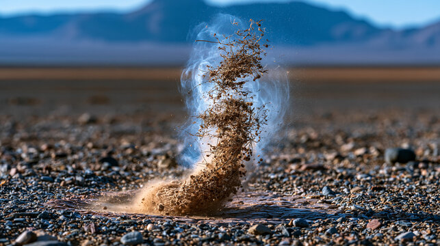 Dust devil spiral column crossing a flat desert gravel reg, translucent vortex lifting sand and dried vegetation debris into a coherent rotating pillar, bedrock pavement visible at base of vortex, a