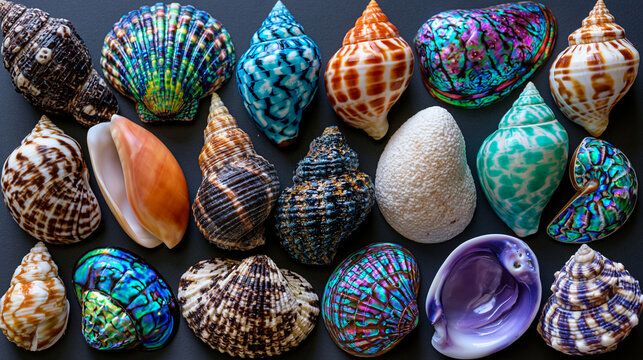Flat lay collection of gastropod and bivalve shells arranged in systematic grid reveals extraordinary chromatic variety across species, nacre iridescence contrasting with matte calcium carbonate sur