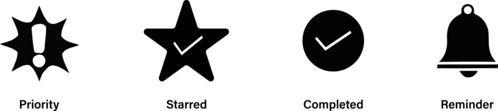 Four black glyph icons representing task management and notifications