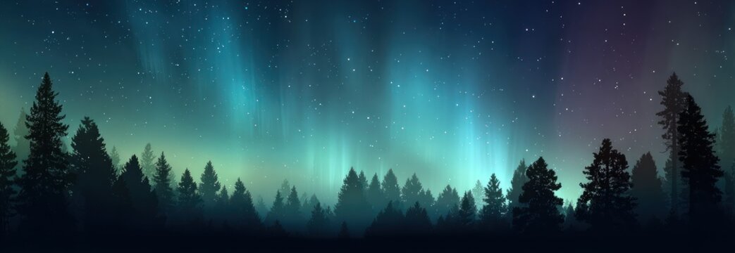 Night sky with aurora borealis over silhouetted forest trees landscape
