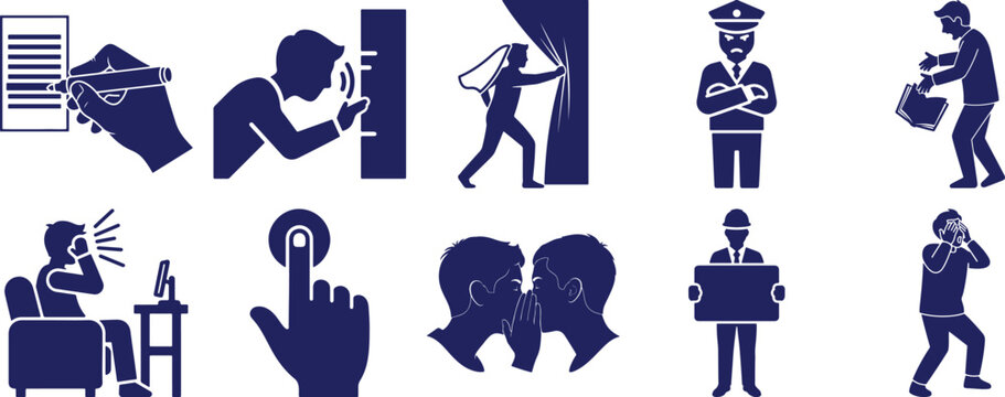 Diverse vector icon set illustrating communication, emotion, action, privacy, authority, and information concepts.