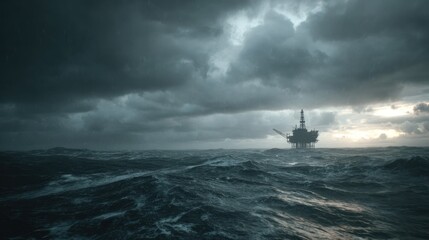 Fototapeta premium Offshore oil platform silhouetted by turbulent ocean and dramatic cloudy sky