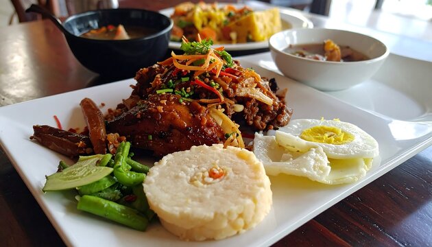 Delicious, colourful meal plating on white square plate, with sauces and salad on brown wooden surface