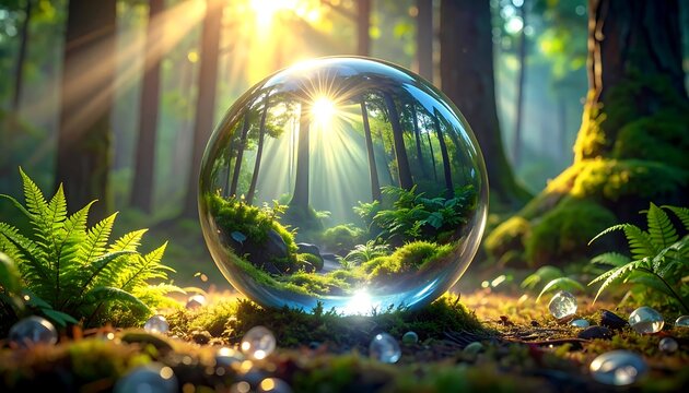A crystal ball sits on forest floor reflecting trees and sunlight