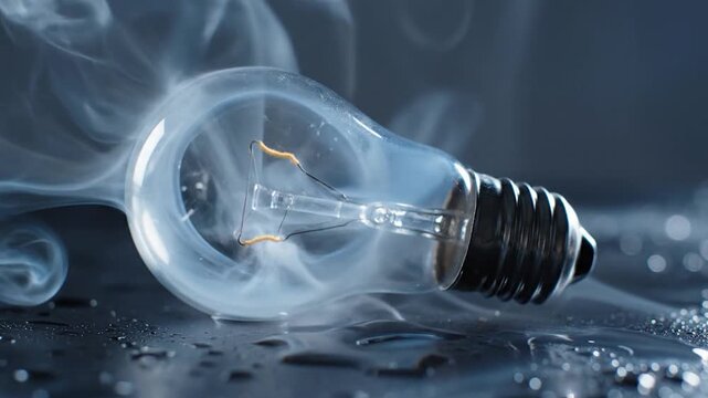 Incandescent light bulb lying on a wet dark surface with wisps of white smoke swirling around the glass filament
