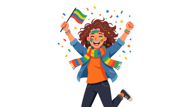 A cheerful young woman with face paint and a colorful scarf, holding a small flag and her fists in the air amidst falling confetti.